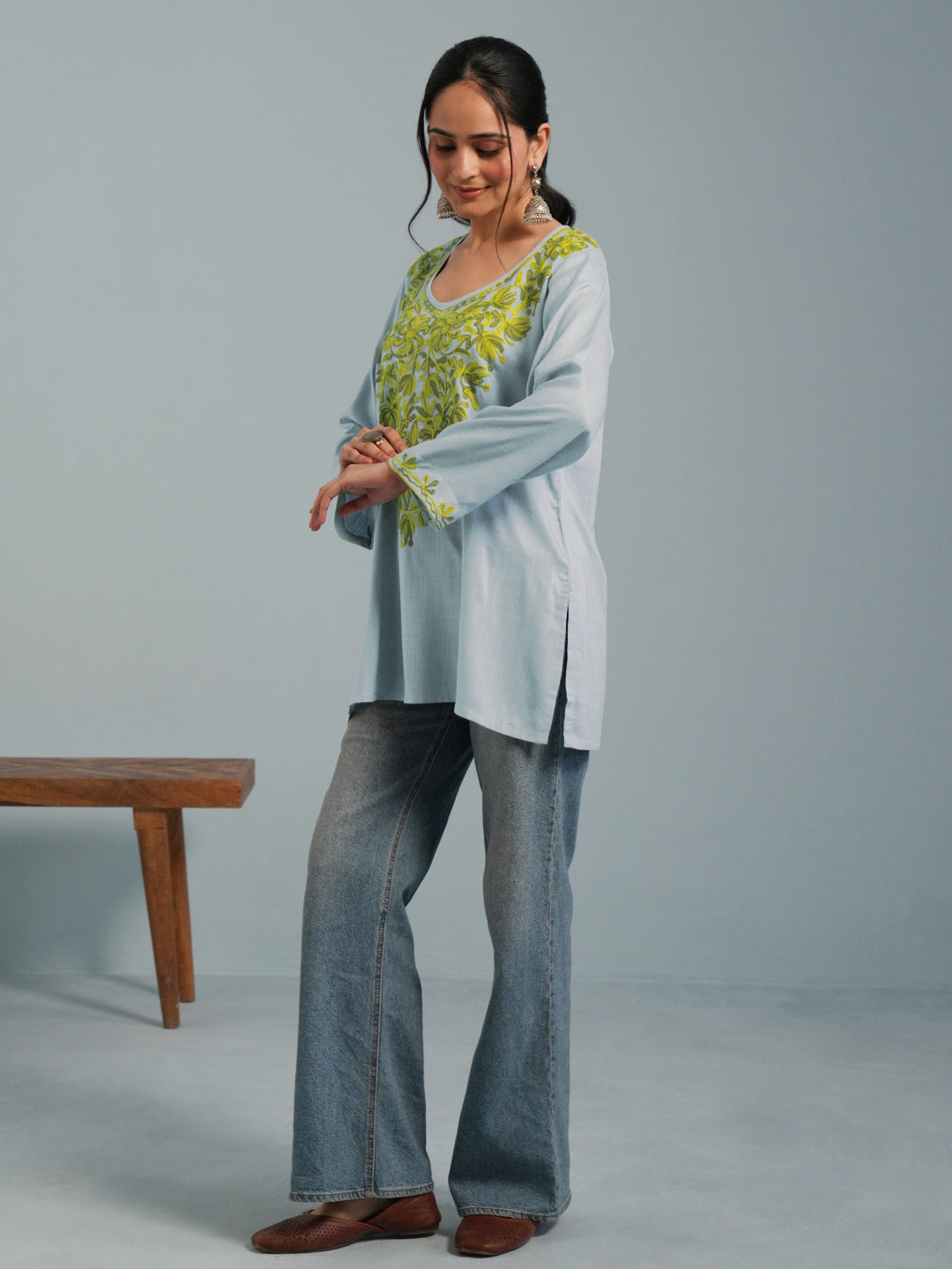 Light Blue Kashmiri Aari Embroidered  Rayon Kurta