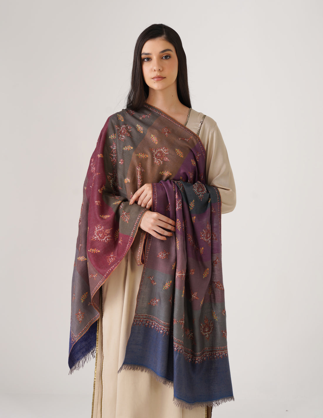 Kashmiri Handwoven Pashmina Sozni Stole Modern Stripes – Multicoloured | Handwoven Heritage - Kashmir Box