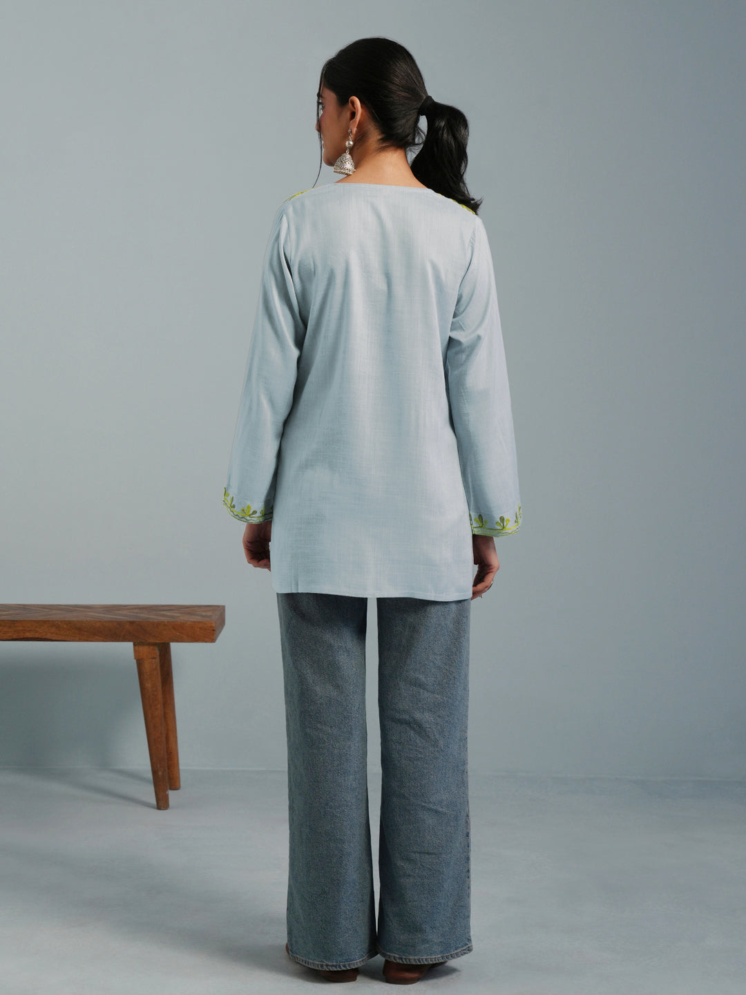 Light Blue Kashmiri Aari Embroidered  Rayon Kurta