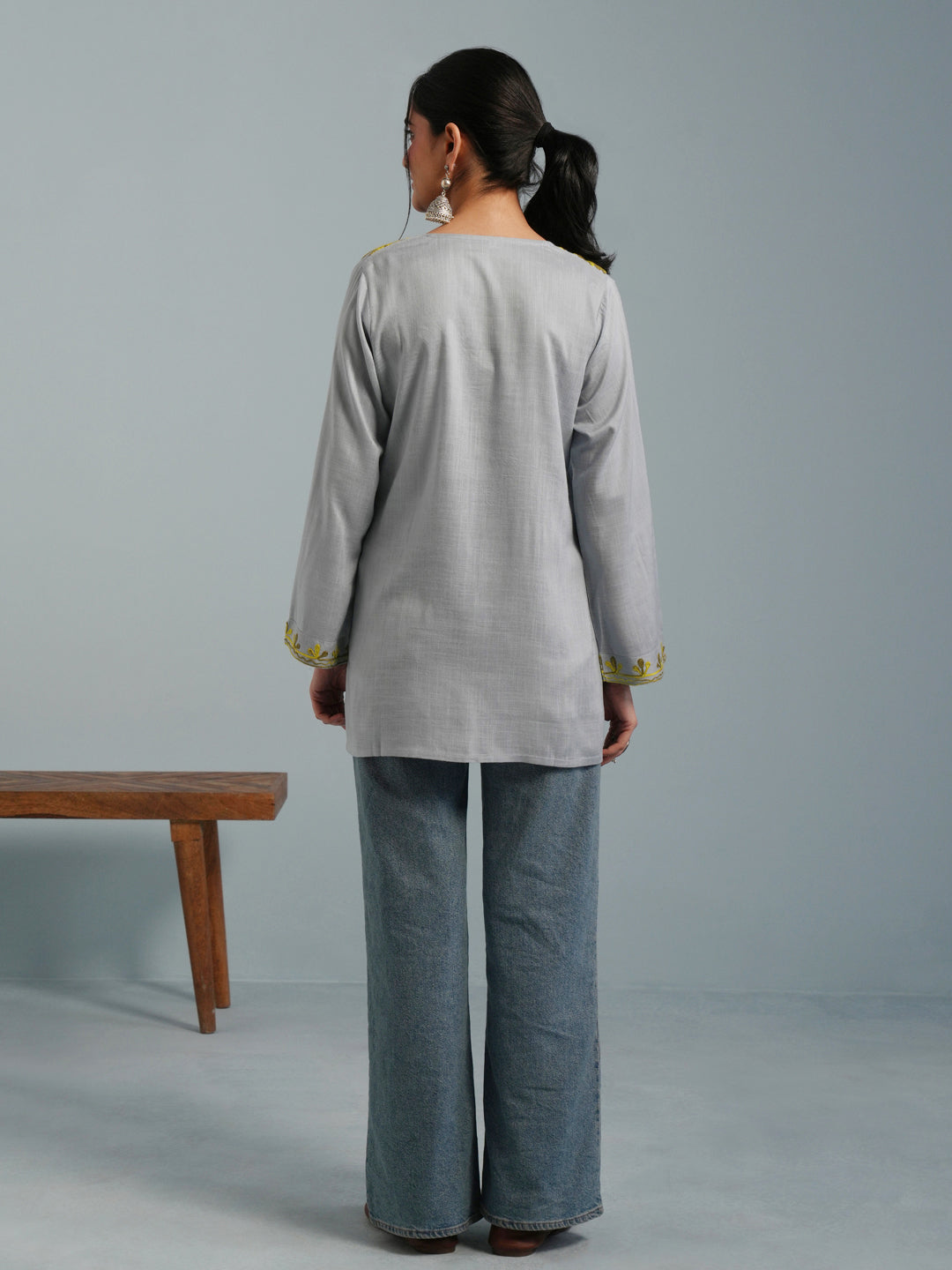 Light Blue Kashmiri Aari Embroidered  Rayon Kurta