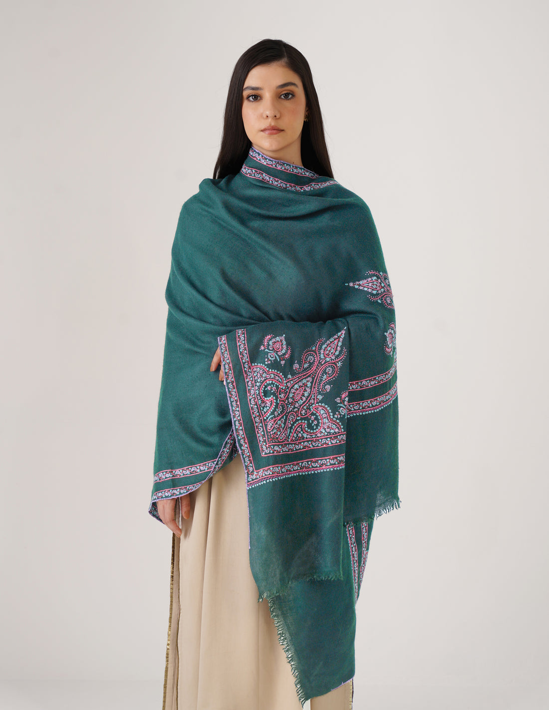 Kashmiri Handwoven Pashmina Sozni Shawl Double Hashidaar – Bottle Green | Handwoven Heritage - Kashmir Box
