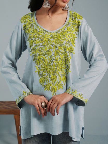 Light Blue Kashmiri Aari Embroidered  Rayon Kurta