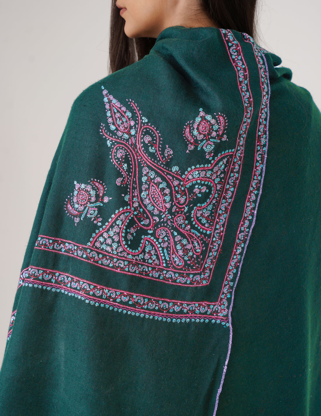 Kashmiri Handwoven Pashmina Sozni Shawl Double Hashidaar – Bottle Green | Handwoven Heritage - Kashmir Box