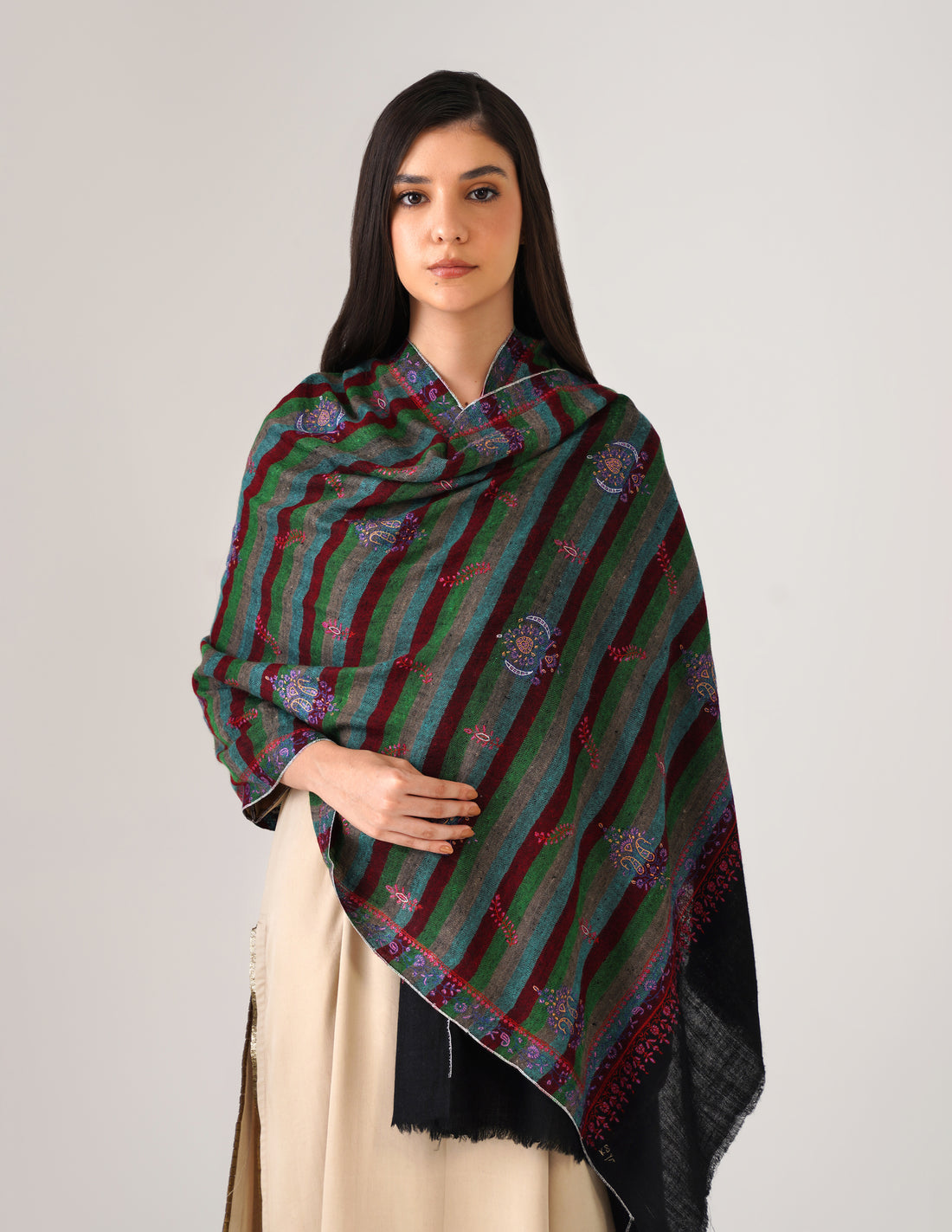 Kashmiri Handwoven Pashmina Sozni Stole Modern Stripes – Black &amp; Multicolour | Handwoven Heritage - Kashmir Box