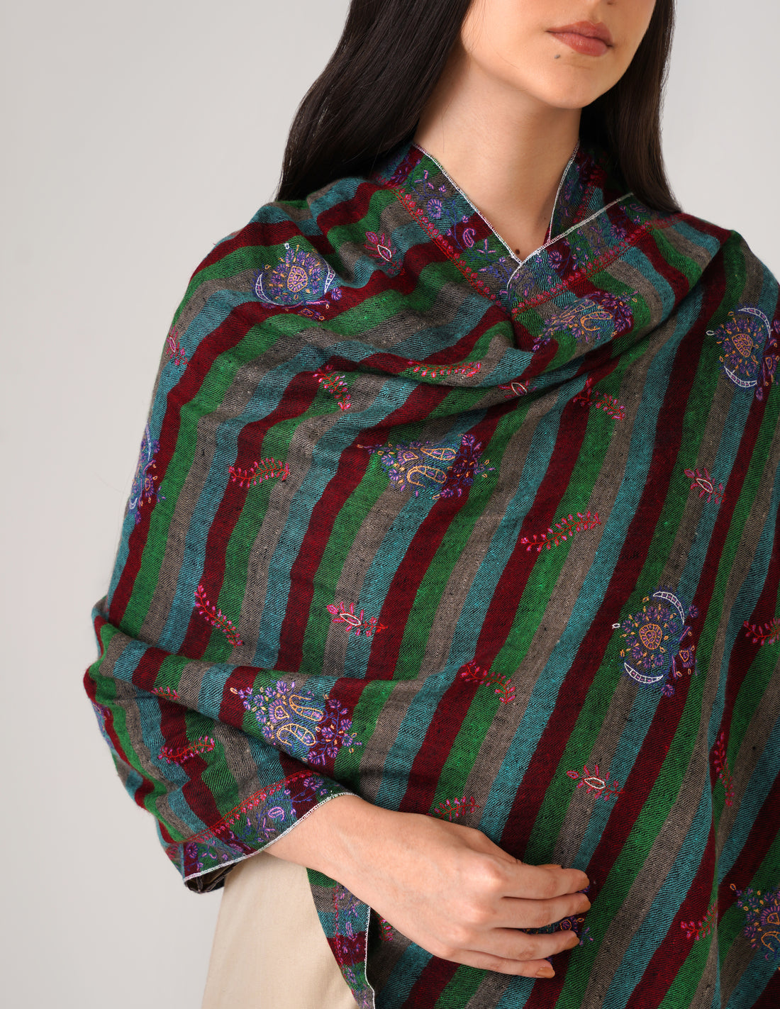 Kashmiri Handwoven Pashmina Sozni Stole Modern Stripes – Black &amp; Multicolour | Handwoven Heritage - Kashmir Box