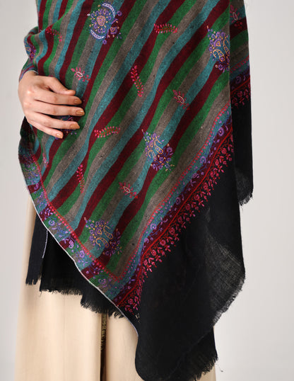 Kashmiri Handwoven Pashmina Sozni Stole Modern Stripes – Black &amp; Multicolour | Handwoven Heritage - Kashmir Box