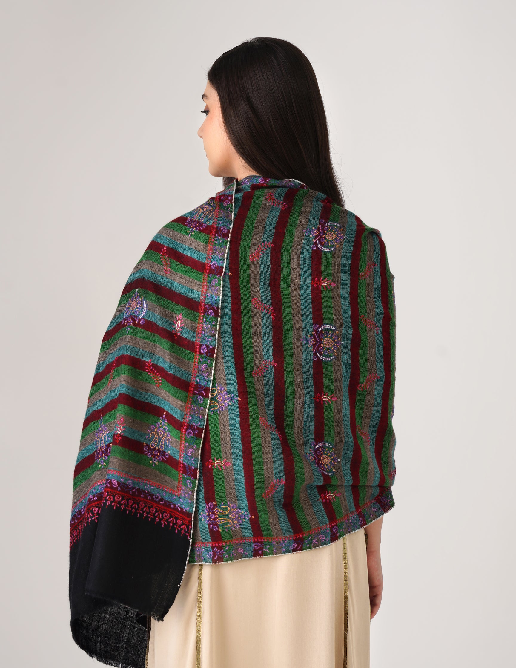 Kashmiri Handwoven Pashmina Sozni Stole Modern Stripes – Black &amp; Multicolour | Handwoven Heritage - Kashmir Box
