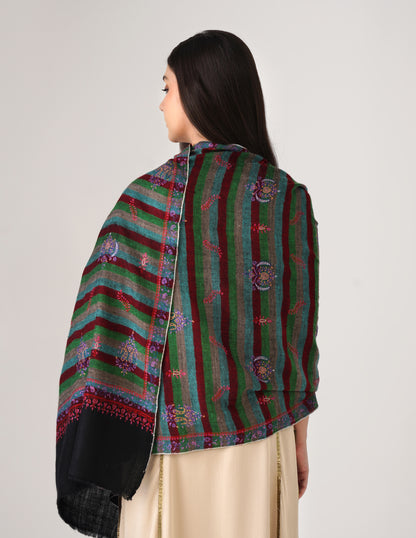 Kashmiri Handwoven Pashmina Sozni Stole Modern Stripes – Black &amp; Multicolour | Handwoven Heritage - Kashmir Box