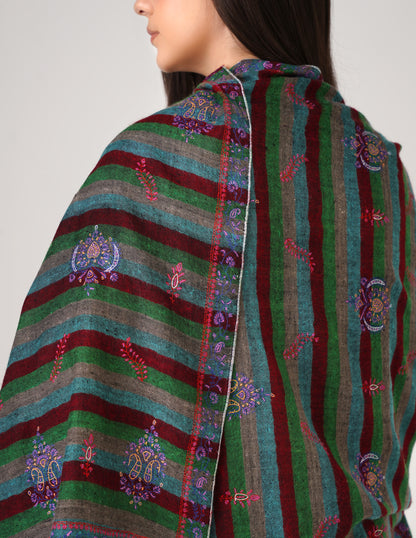 Kashmiri Handwoven Pashmina Sozni Stole Modern Stripes – Black &amp; Multicolour | Handwoven Heritage - Kashmir Box