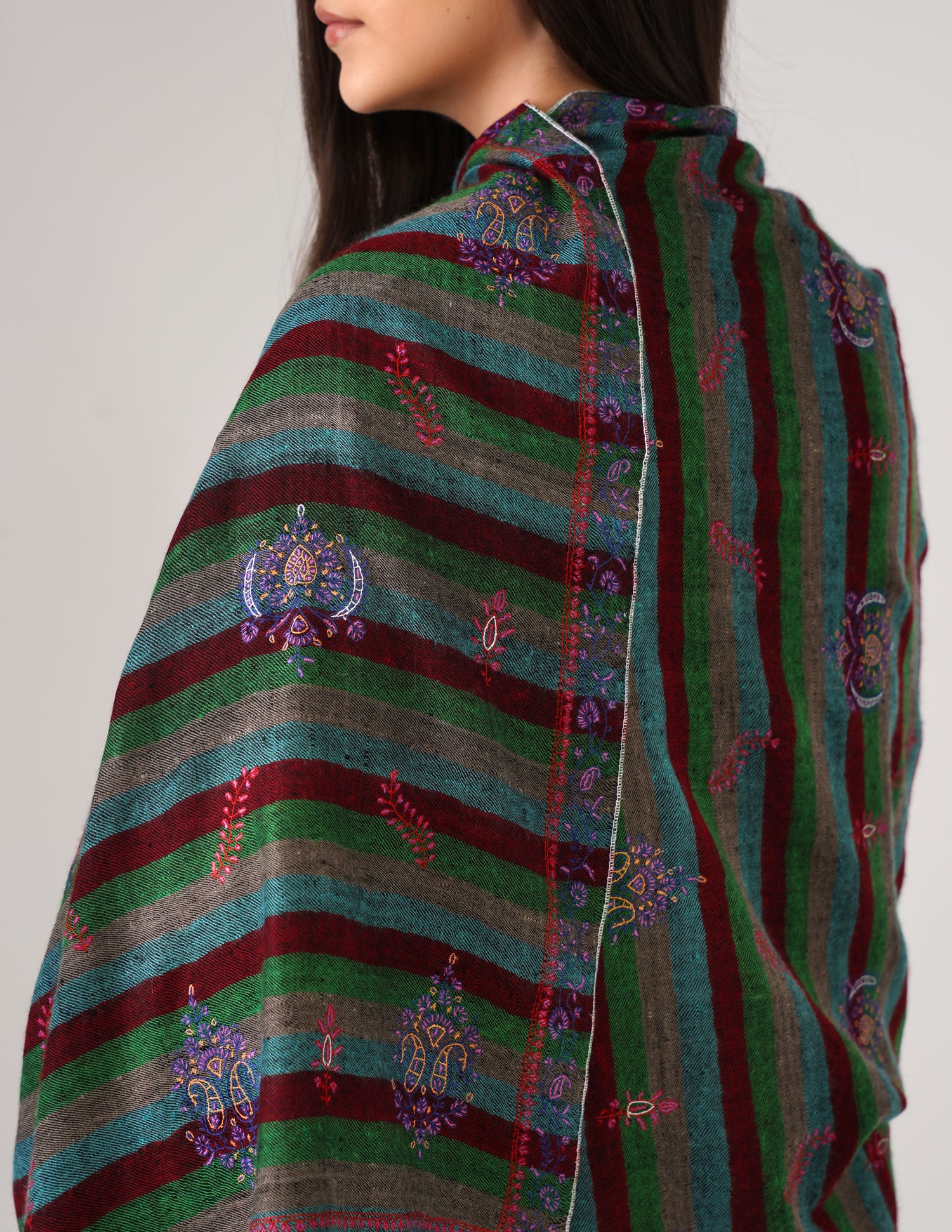 Kashmiri Handwoven Pashmina Sozni Stole Modern Stripes – Black &amp; Multicolour | Handwoven Heritage - Kashmir Box