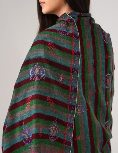 Kashmiri Handwoven Pashmina Sozni Stole Modern Stripes – Black &amp; Multicolour | Handwoven Heritage - Kashmir Box