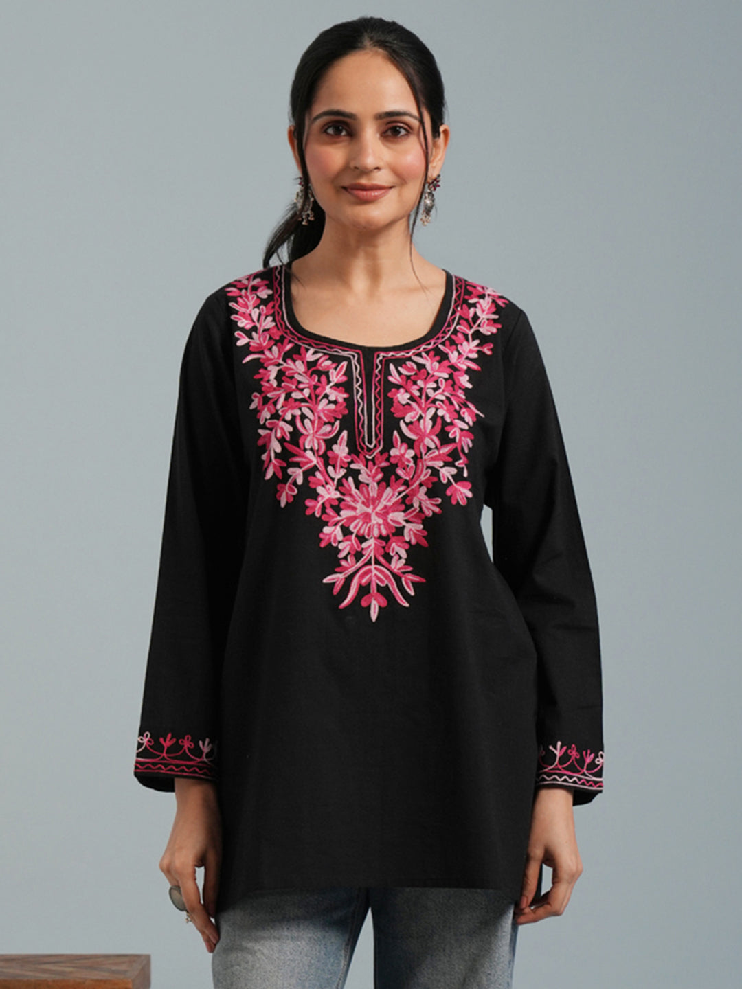 Black Kashmiri Aari Embroidered  Rayon Kurta