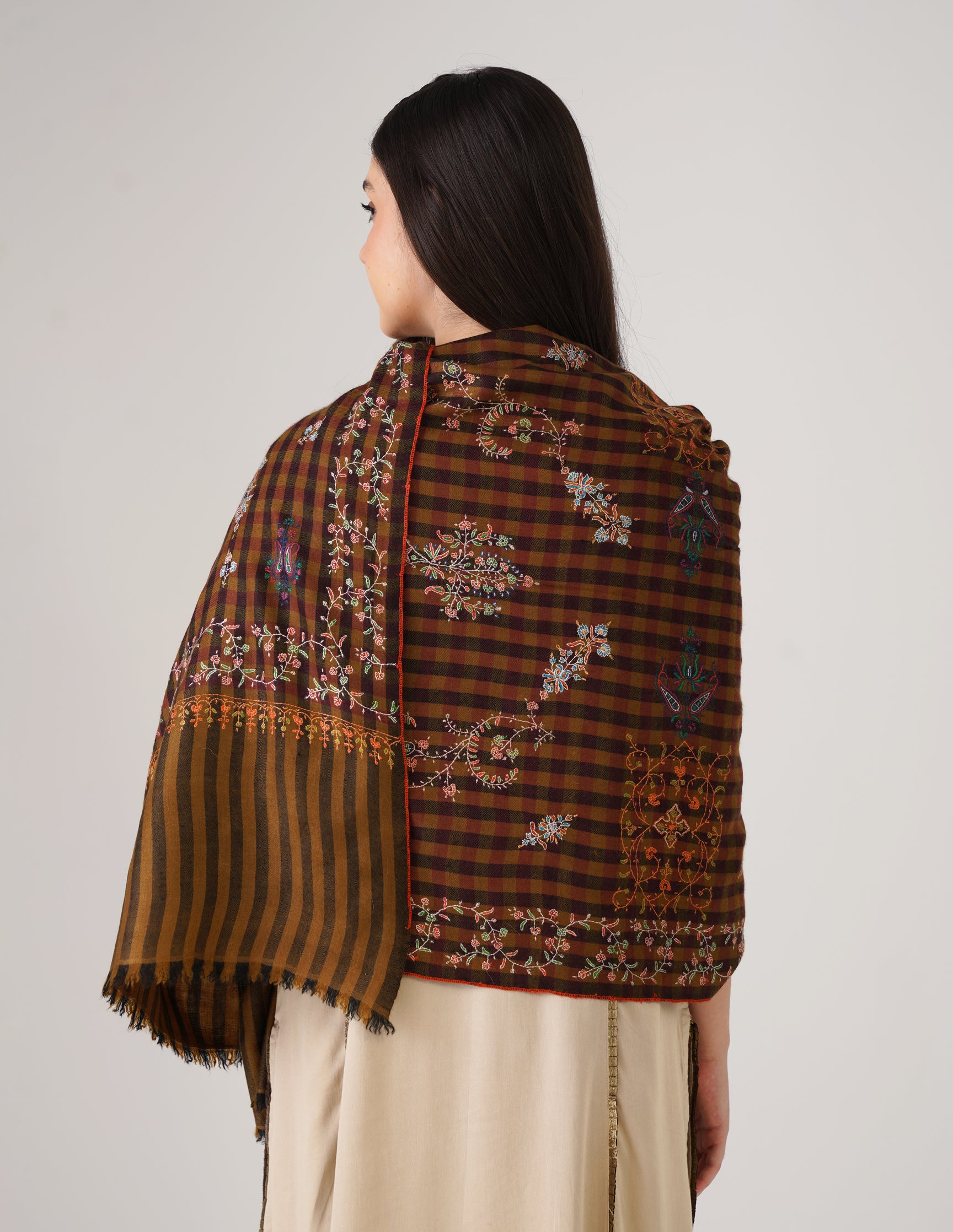 Kashmiri Handwoven Pashmina Sozni Stole Striped Modern – Mustard &amp; Black | Handwoven Heritage - Kashmir Box