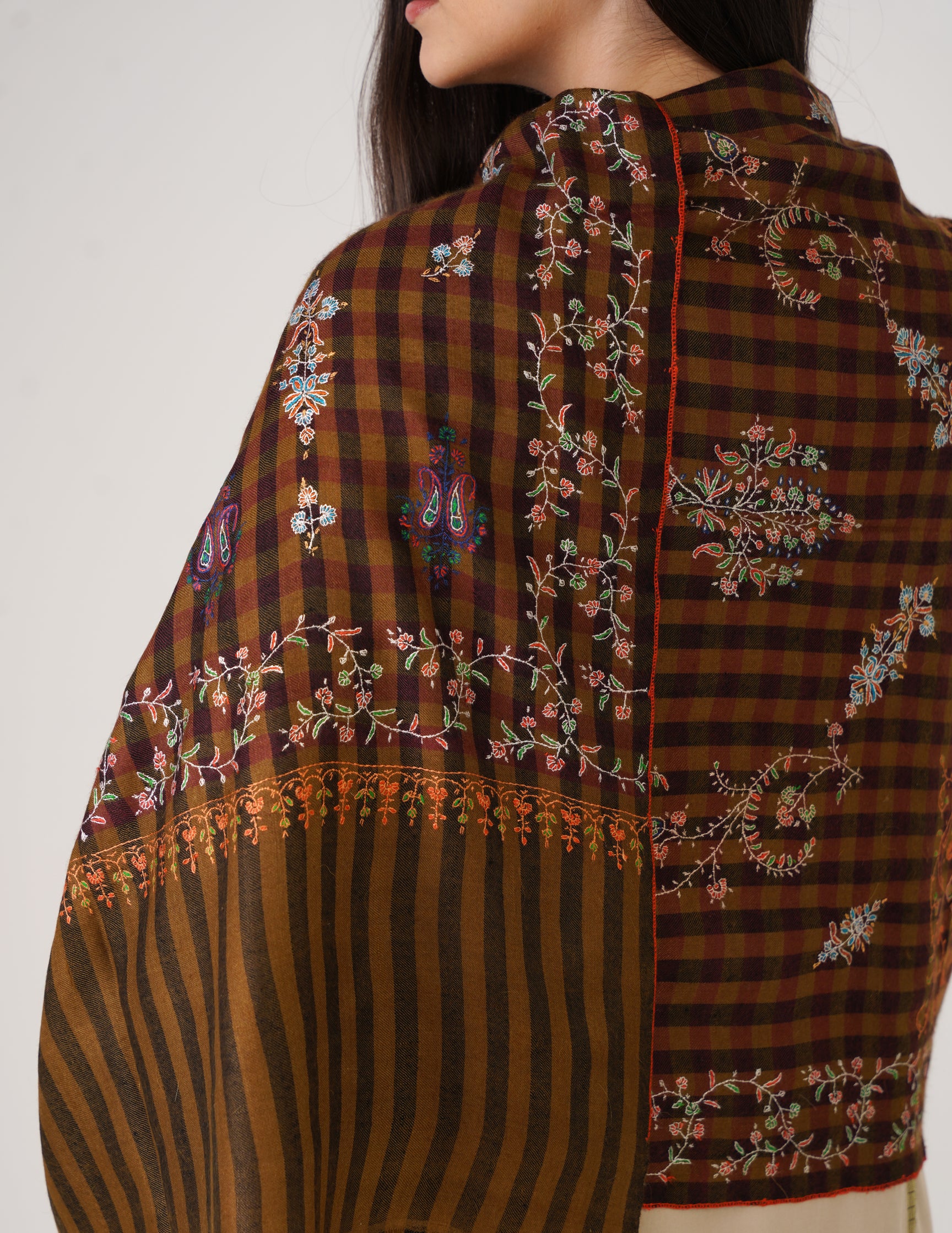 Kashmiri Handwoven Pashmina Sozni Stole Striped Modern – Mustard &amp; Black | Handwoven Heritage - Kashmir Box