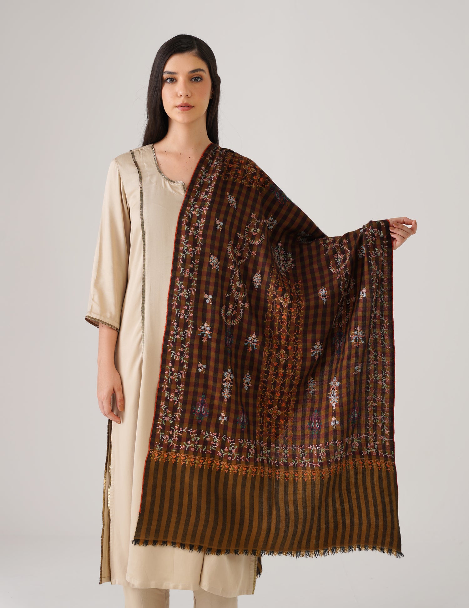 Kashmiri Handwoven Pashmina Sozni Stole Striped Modern – Mustard &amp; Black | Handwoven Heritage - Kashmir Box