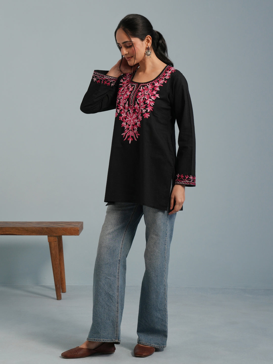 Black Kashmiri Aari Embroidered  Rayon Kurta