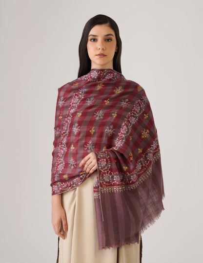 Kashmiri Handwoven Pashmina Sozni Stole Modern Check – Brown &amp; Maroon | Handwoven Heritage - Kashmir Box