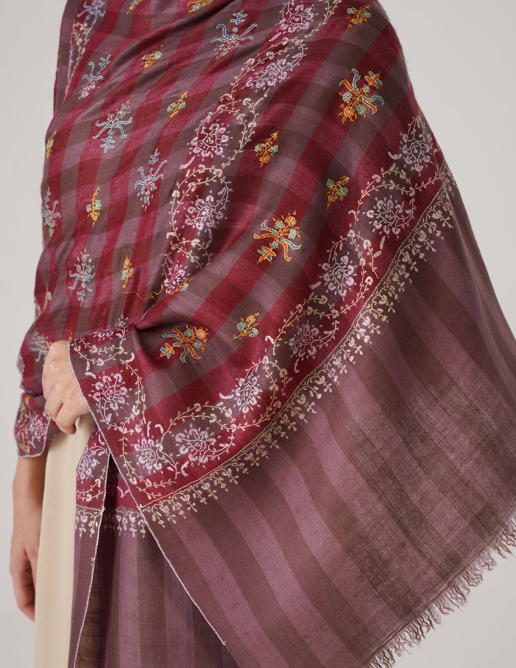 Kashmiri Handwoven Pashmina Sozni Stole Modern Check – Brown &amp; Maroon | Handwoven Heritage - Kashmir Box