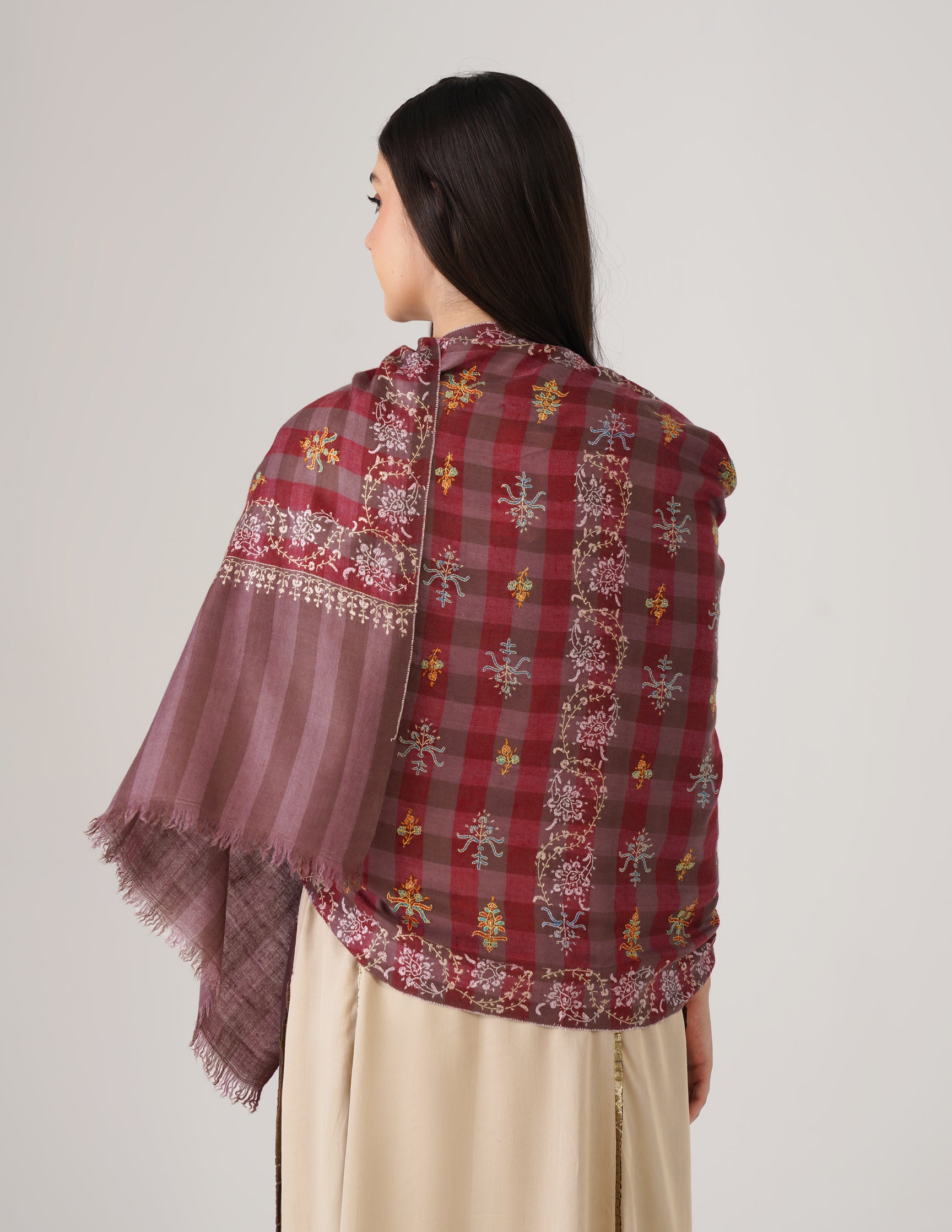 Kashmiri Handwoven Pashmina Sozni Stole Modern Check – Brown &amp; Maroon | Handwoven Heritage - Kashmir Box