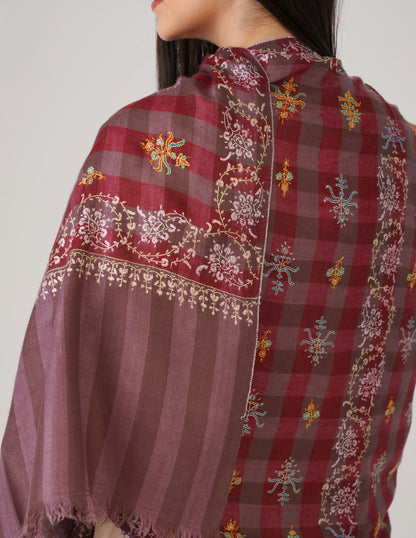 Kashmiri Handwoven Pashmina Sozni Stole Modern Check – Brown &amp; Maroon | Handwoven Heritage - Kashmir Box