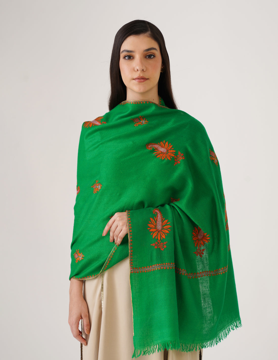 Kashmiri Handwoven Pashmina Sozni Stole Bootidar – Bright Green | Handwoven Heritage - Kashmir Box