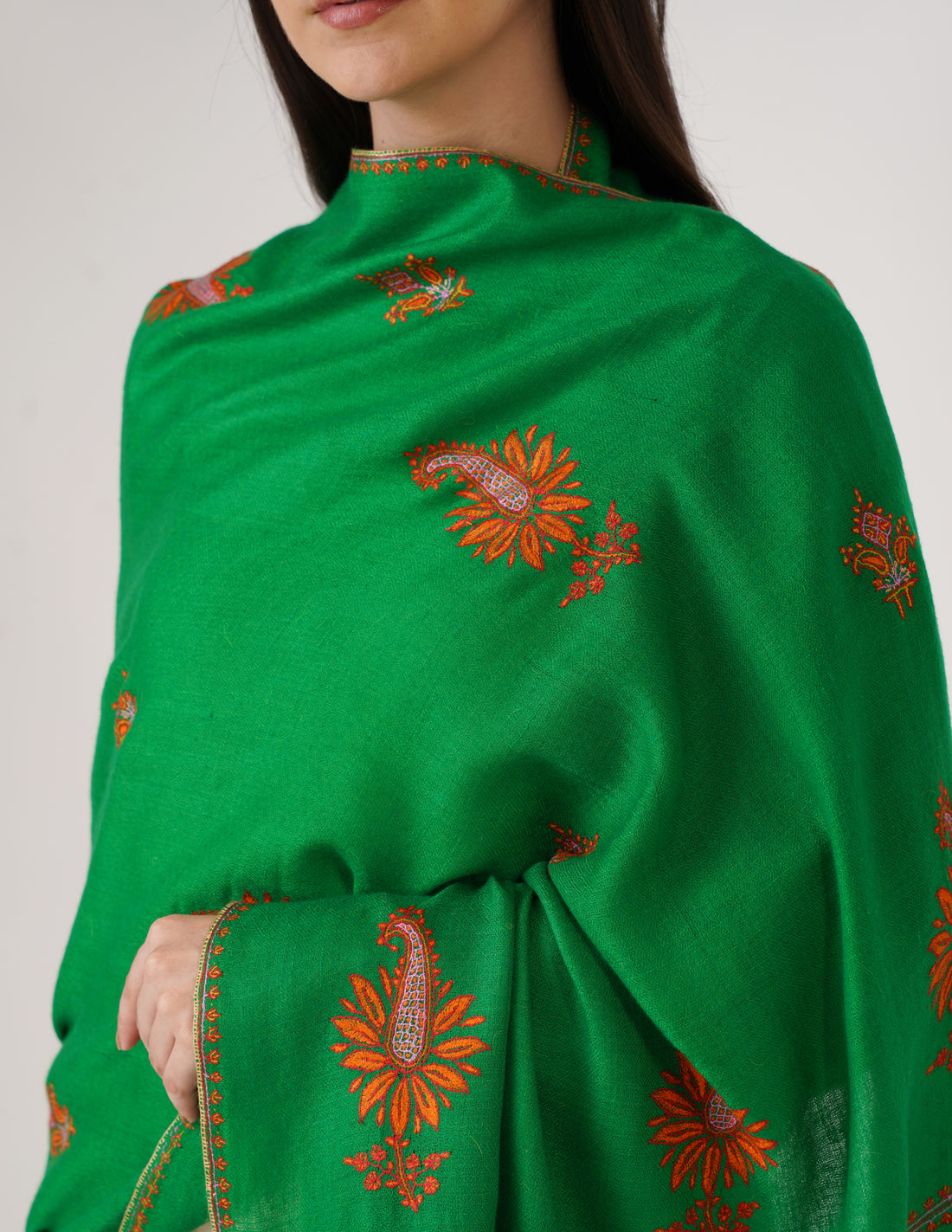 Kashmiri Handwoven Pashmina Sozni Stole Bootidar – Bright Green | Handwoven Heritage - Kashmir Box