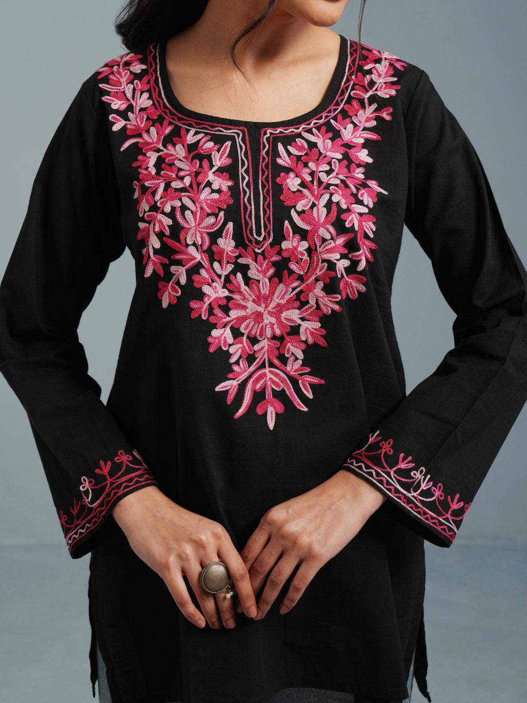 Black Kashmiri Aari Embroidered  Rayon Kurta