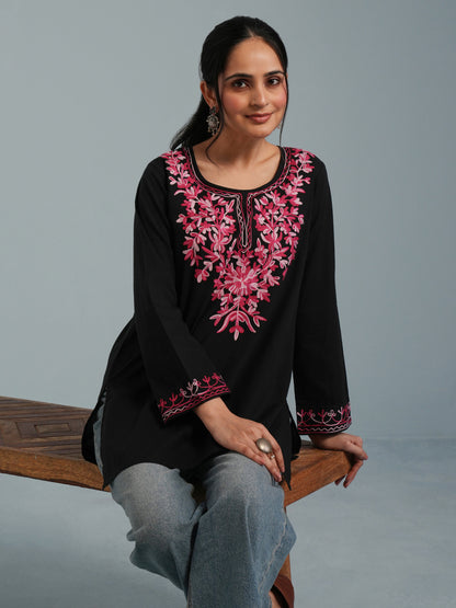 Black Kashmiri Aari Embroidered  Rayon Kurta