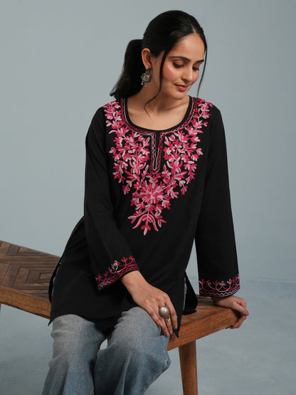 Black Kashmiri Aari Embroidered  Rayon Kurta