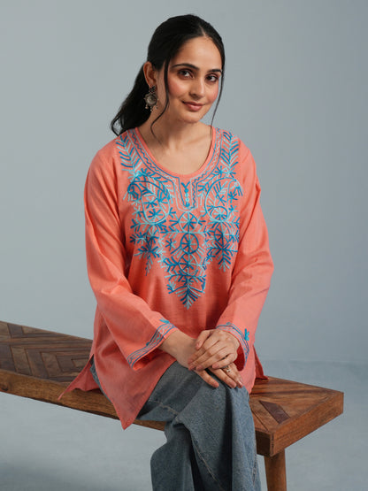 Peach Kashmiri Aari Embroidered Rayon Kurta
