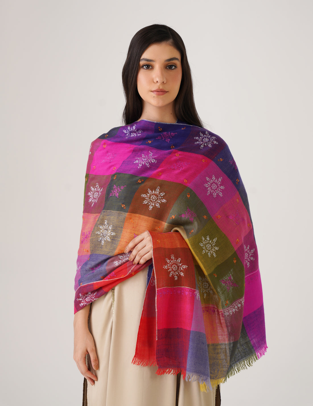 Kashmiri Handwoven Pashmina Sozni Stole Modern Check – Multicoloured | Handwoven Heritage - Kashmir Box