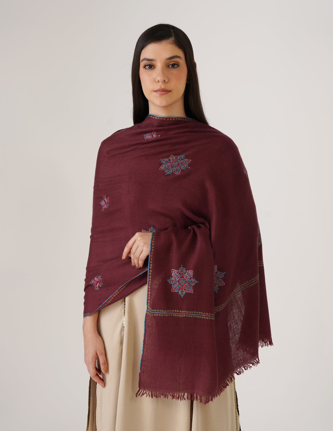 Kashmiri Handwoven Pashmina Sozni Stole Bootidar – Grape Wine | Handwoven Heritage - Kashmir Box