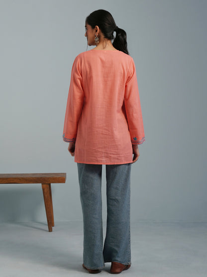 Peach Kashmiri Aari Embroidered Rayon Kurta