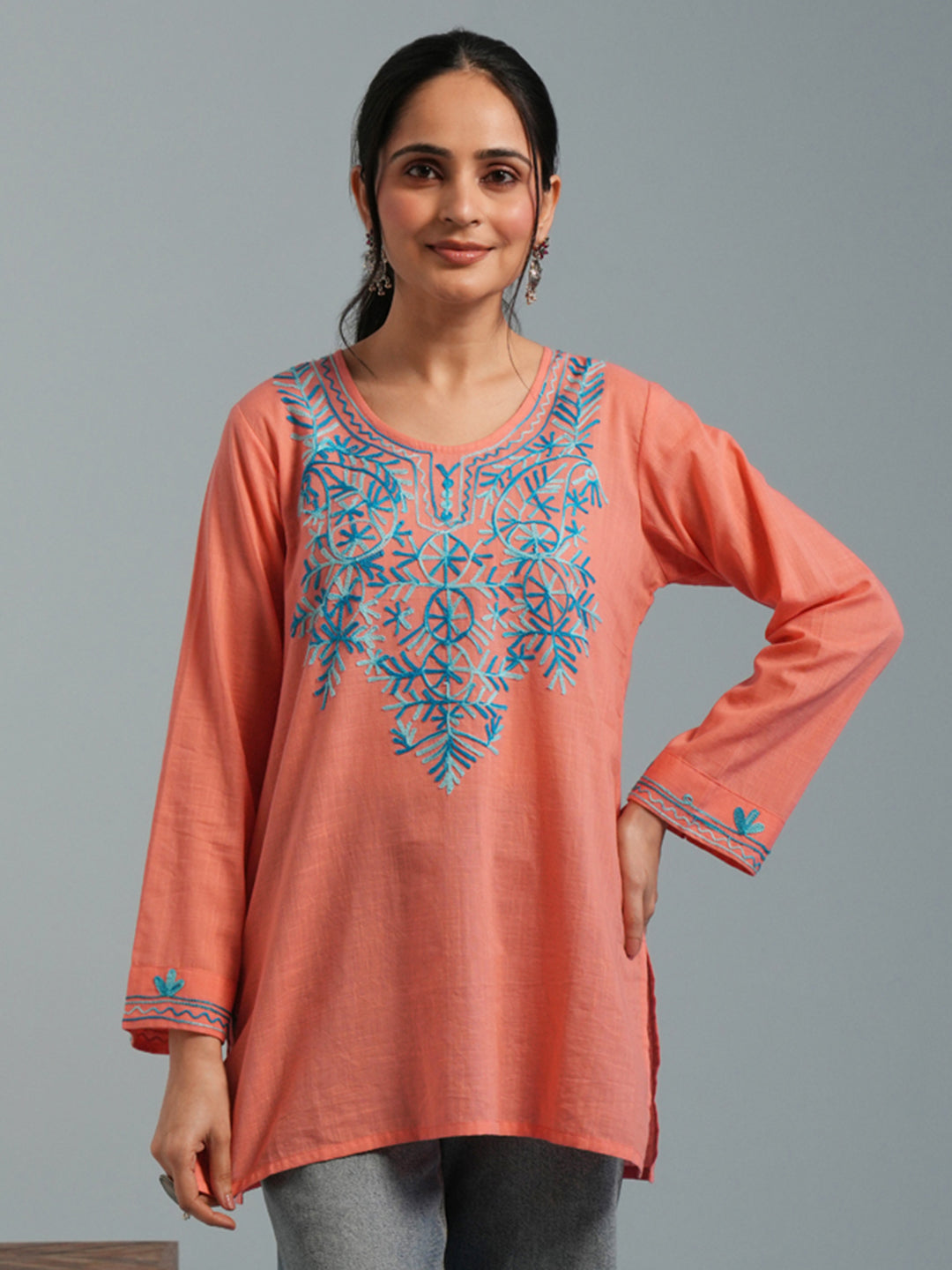 Peach Kashmiri Aari Embroidered Rayon Kurta