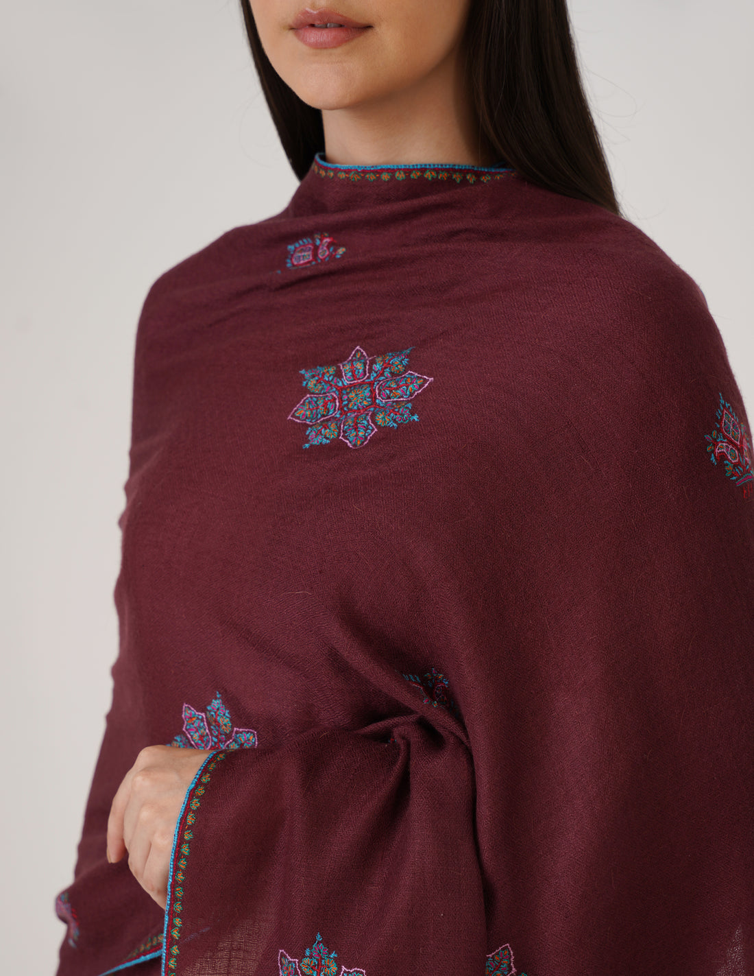 Kashmiri Handwoven Pashmina Sozni Stole Bootidar – Grape Wine | Handwoven Heritage - Kashmir Box