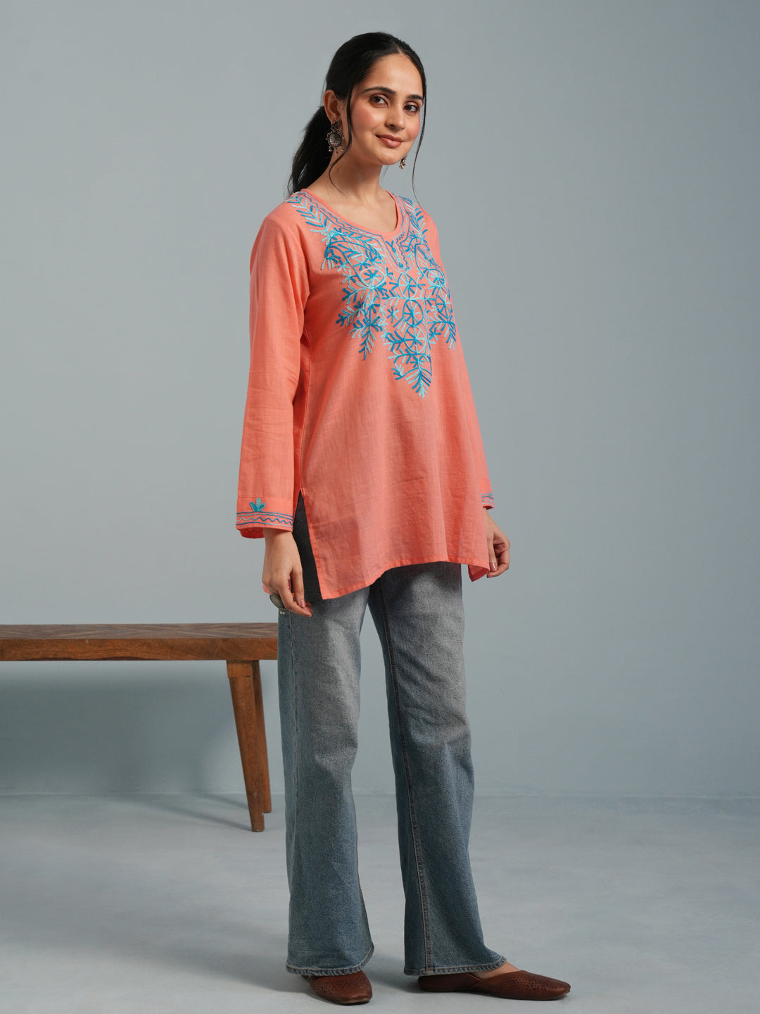 Peach Kashmiri Aari Embroidered Rayon Kurta