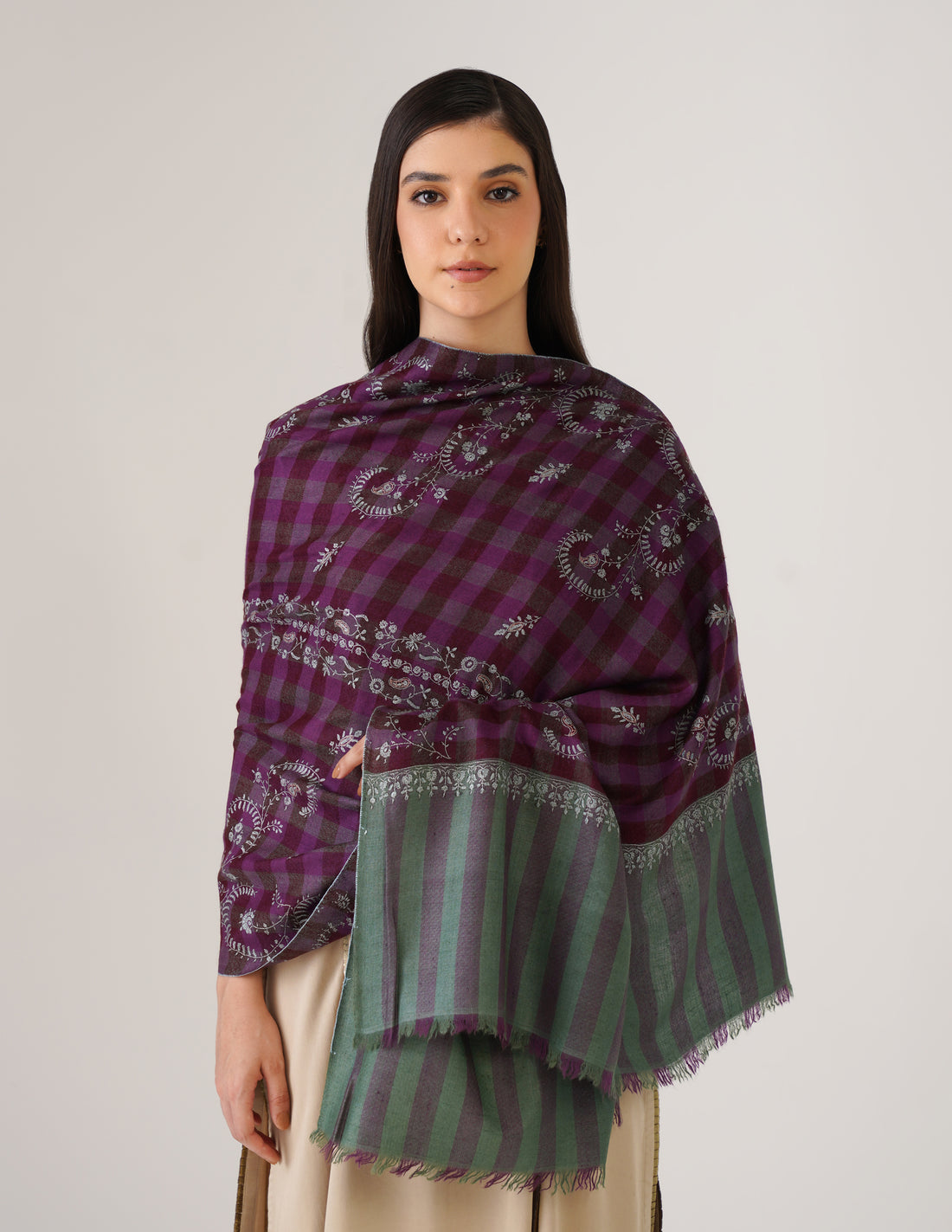 Kashmiri Handwoven Pashmina Sozni Stole Striped Modern – Green &amp; Purple | Handwoven Heritage - Kashmir Box