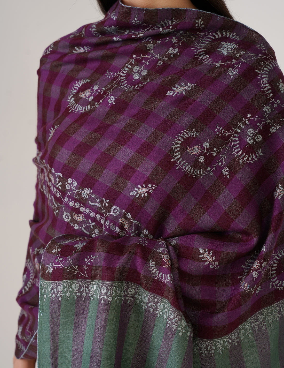 Kashmiri Handwoven Pashmina Sozni Stole Striped Modern – Green &amp; Purple | Handwoven Heritage - Kashmir Box