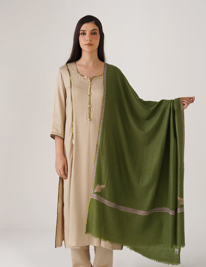 Kashmiri Handwoven Pashmina Sozni Shawl Hashidaar – Cedar Green | Handwoven Heritage | GI Certified - Kashmir Box