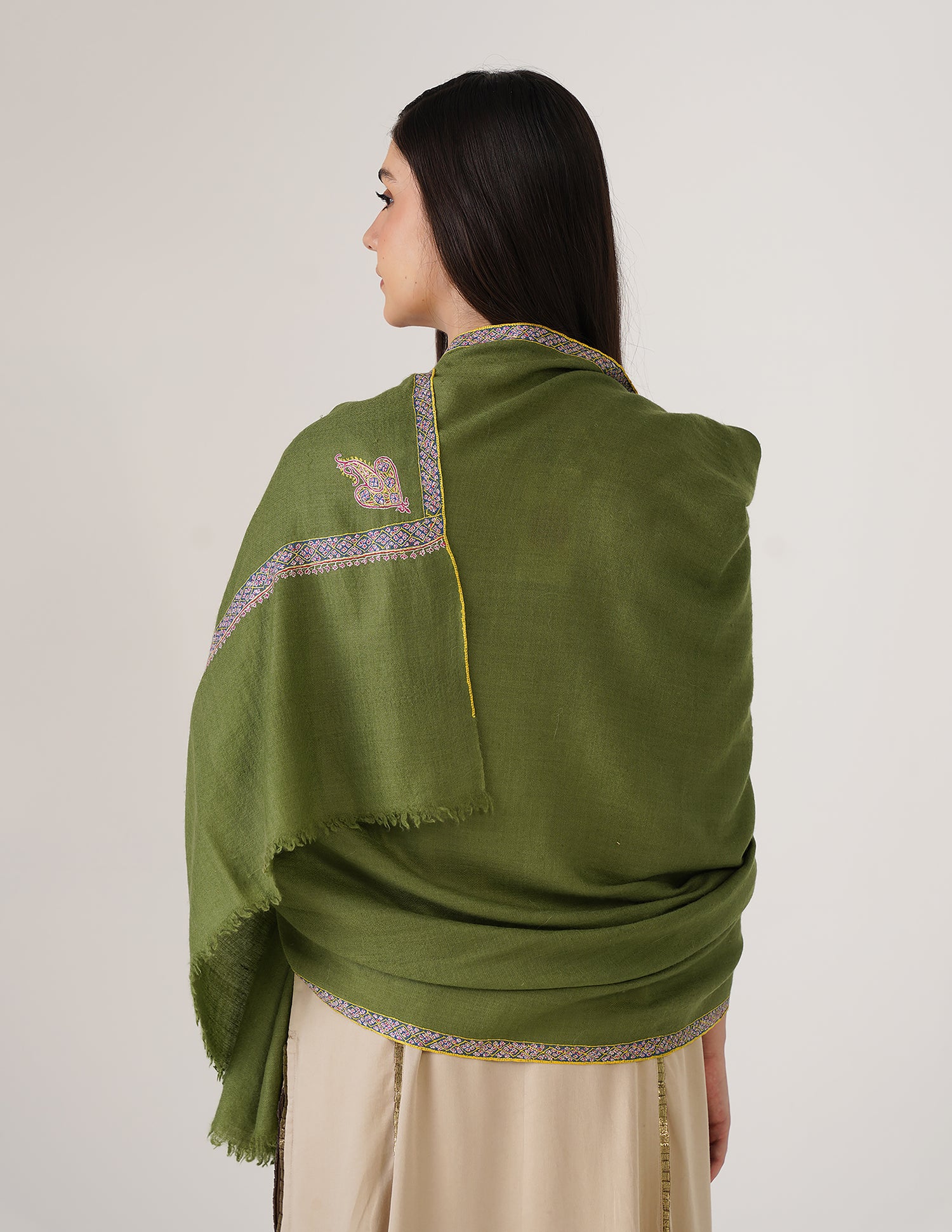 Kashmiri Handwoven Pashmina Sozni Shawl Hashidaar – Cedar Green | Handwoven Heritage | GI Certified - Kashmir Box