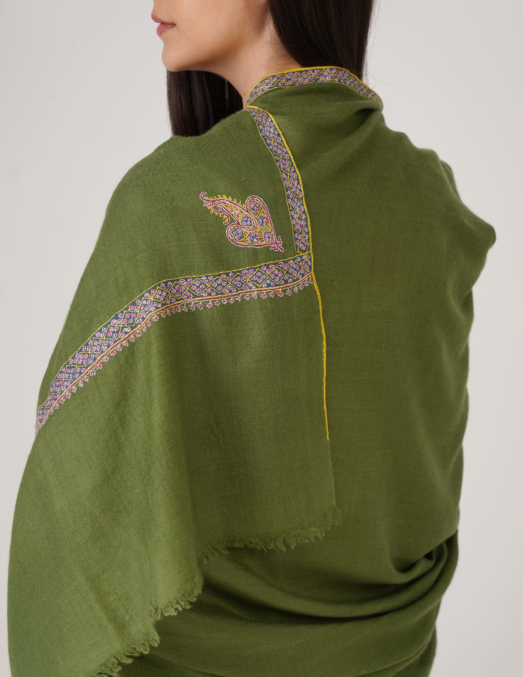 Kashmiri Handwoven Pashmina Sozni Shawl Hashidaar – Cedar Green | Handwoven Heritage | GI Certified - Kashmir Box