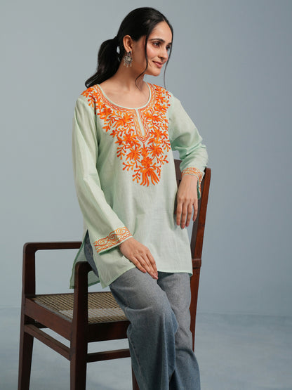 Light Green Kashmiri Aari Embroidered Rayon Kurta