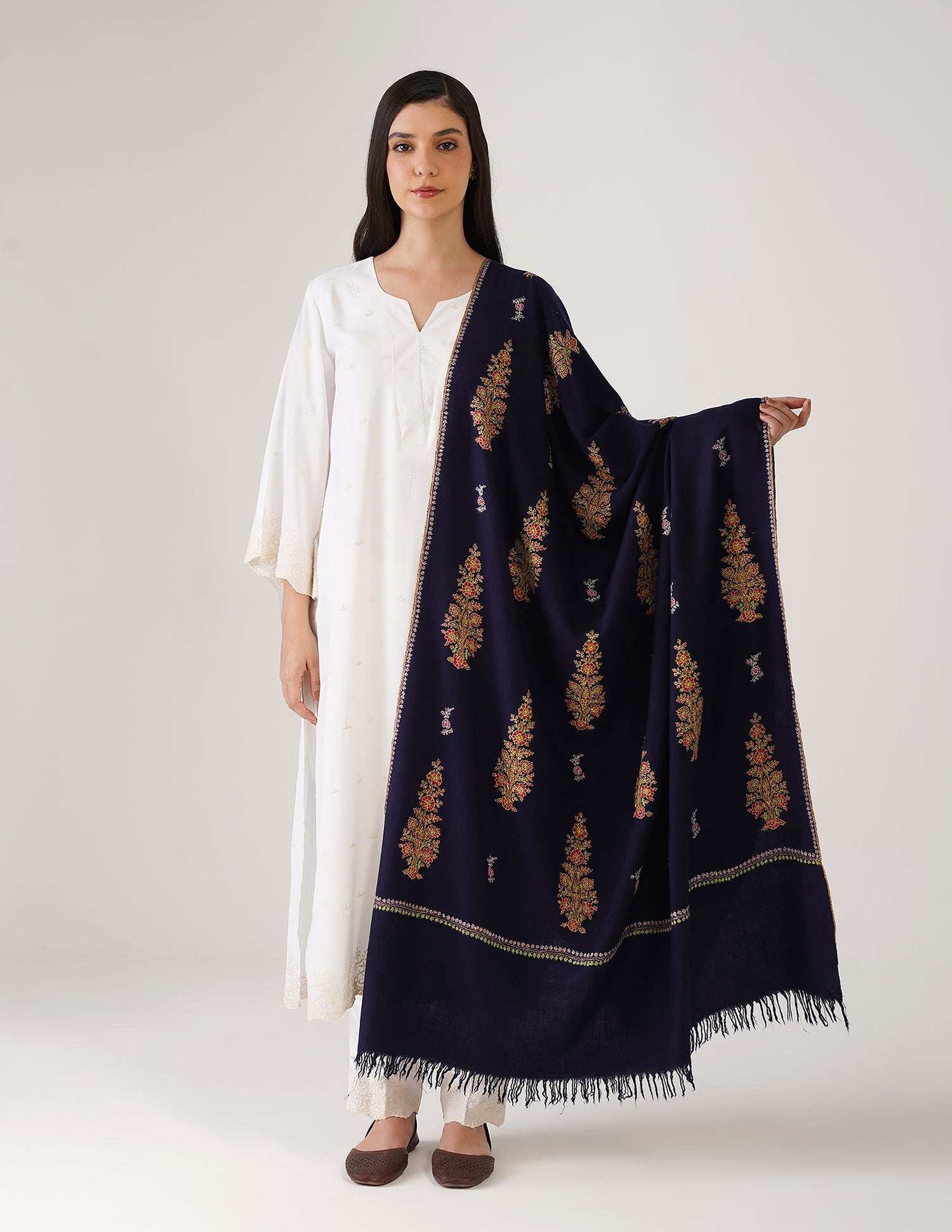 Kashmiri Handwoven Pashmina Sozni Shawl Bootidar – Navy Blue | Handwoven Heritage - Kashmir Box