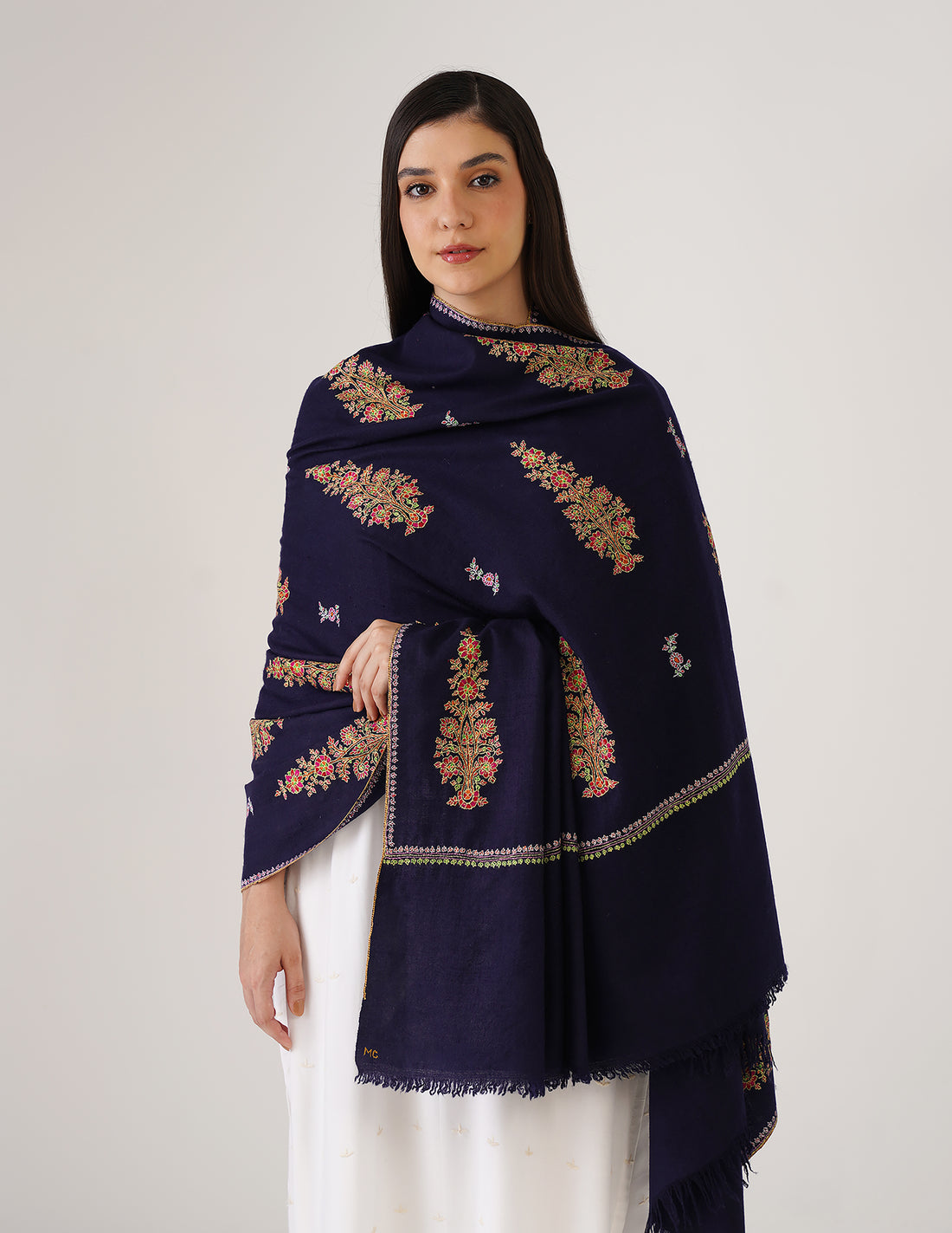 Kashmiri Handwoven Pashmina Sozni Shawl Bootidar – Navy Blue | Handwoven Heritage - Kashmir Box