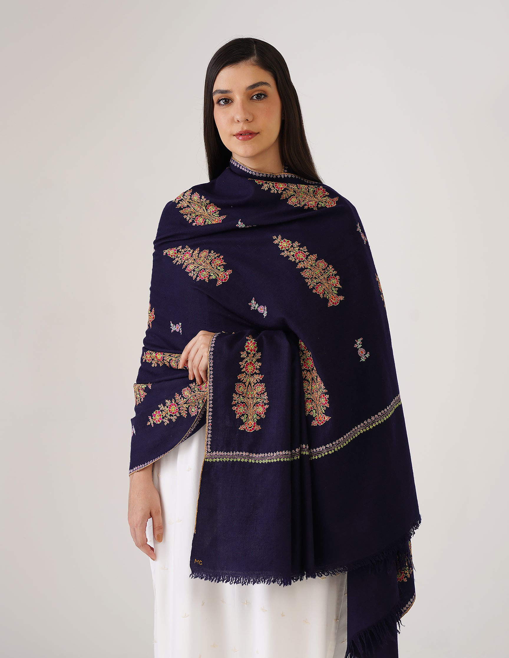 Kashmiri Handwoven Pashmina Sozni Shawl Bootidar – Navy Blue | Handwoven Heritage - Kashmir Box