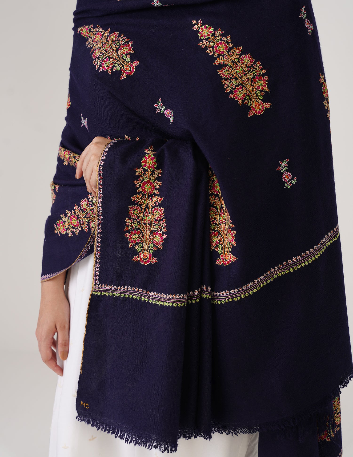 Kashmiri Handwoven Pashmina Sozni Shawl Bootidar – Navy Blue | Handwoven Heritage - Kashmir Box