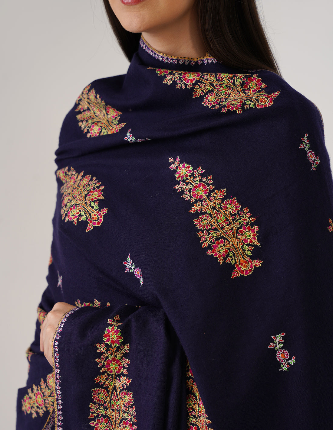 Kashmiri Handwoven Pashmina Sozni Shawl Bootidar – Navy Blue | Handwoven Heritage - Kashmir Box