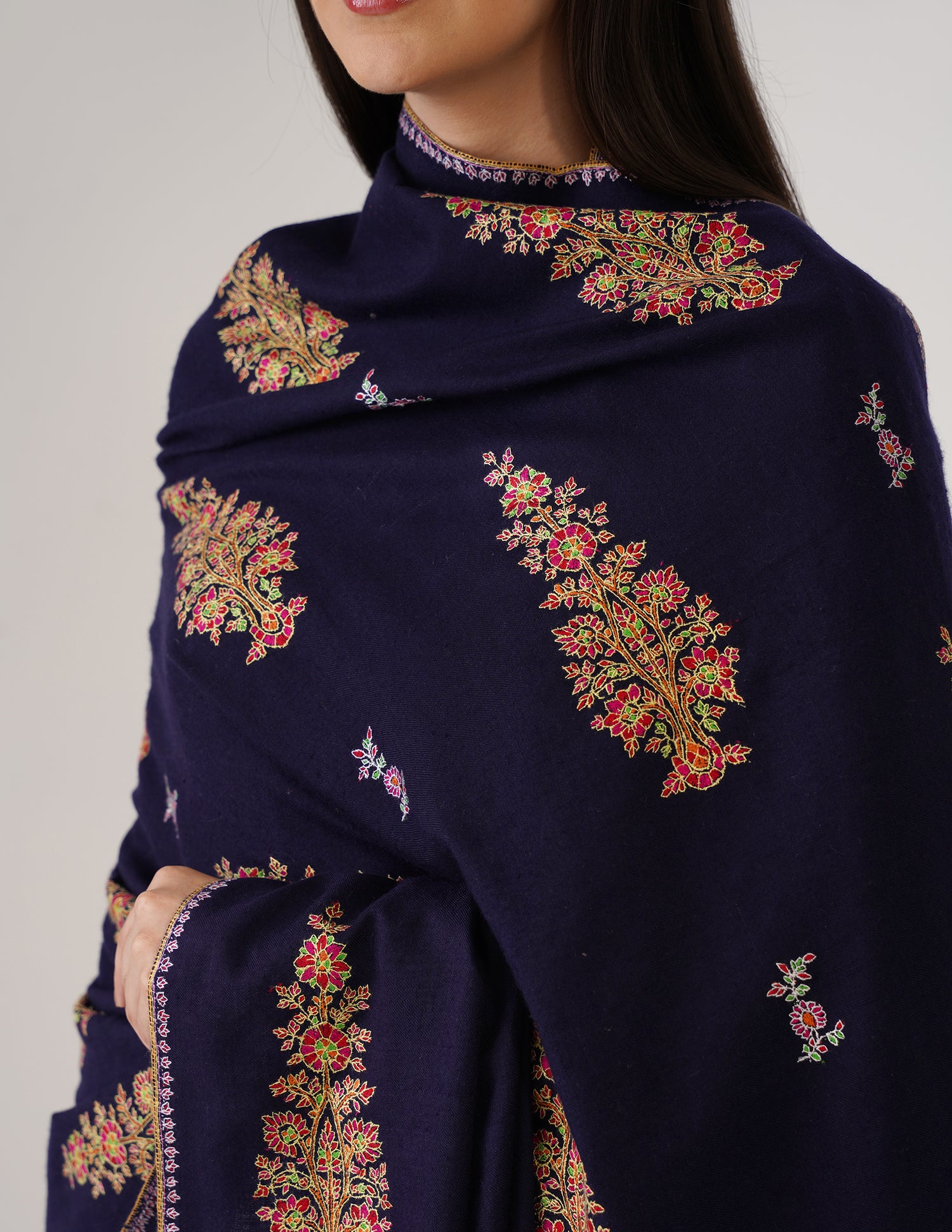 Kashmiri Handwoven Pashmina Sozni Shawl Bootidar – Navy Blue | Handwoven Heritage - Kashmir Box