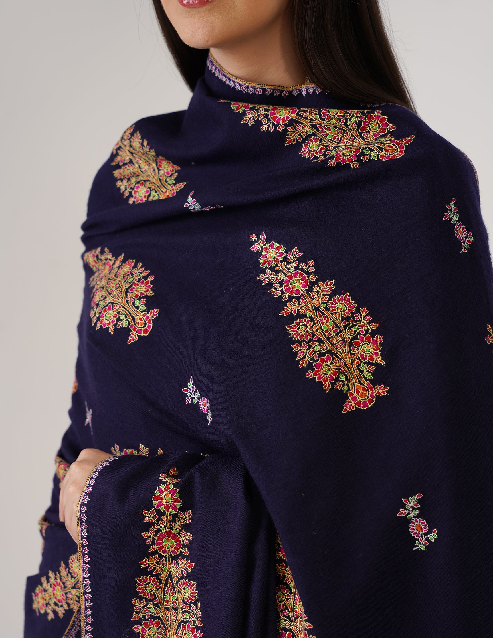 Kashmiri Handwoven Pashmina Sozni Shawl Bootidar – Navy Blue | Handwoven Heritage - Kashmir Box
