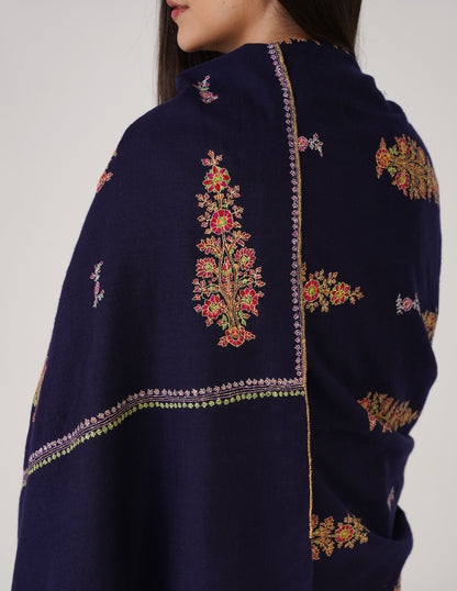 Kashmiri Handwoven Pashmina Sozni Shawl Bootidar – Navy Blue | Handwoven Heritage - Kashmir Box